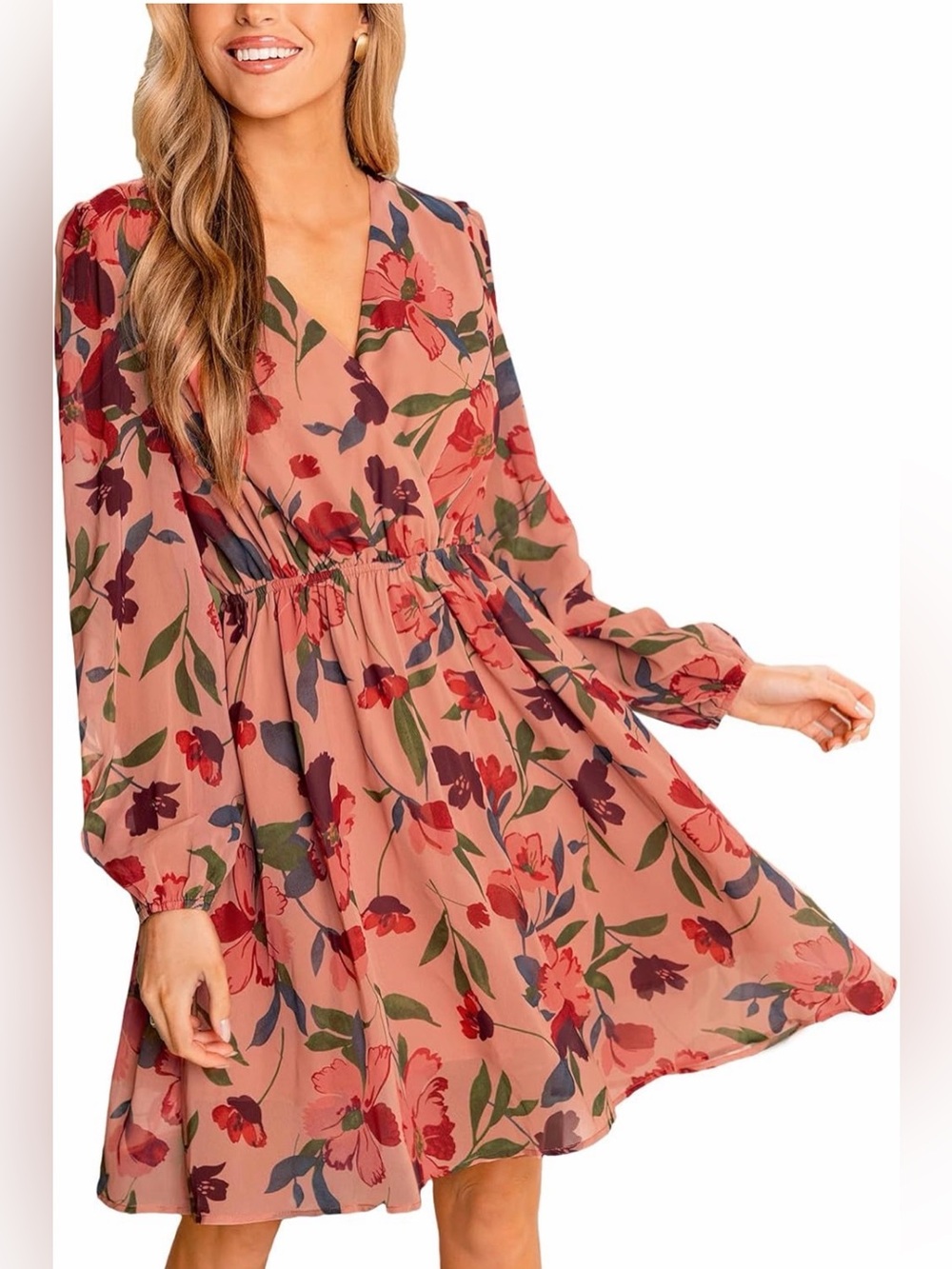 NWT Cupshe Dusty Rose Floral V‑Neck Long Sleeve Dress, Small